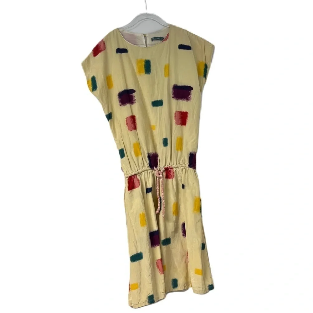 Tarantela Girls 14 Rainbow Brushstroke Elastic Waist Short Sleeve Dress yellow
